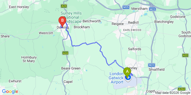 Map: London Gatwick Airport (LGW) to Dorking