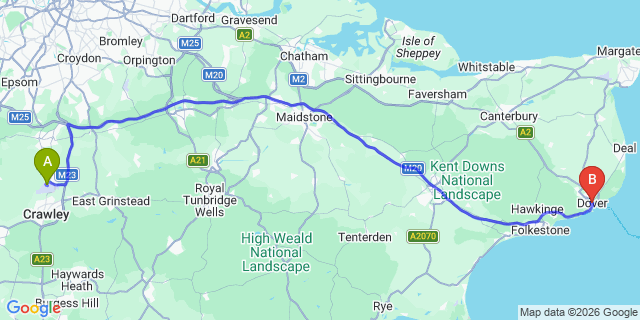 Map: London Gatwick Airport (LGW) to Dover