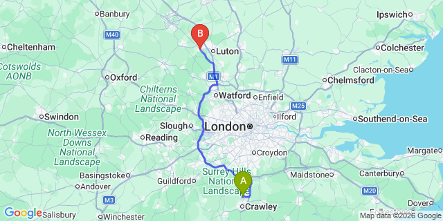 Map: London Gatwick Airport (LGW) to Dunstable