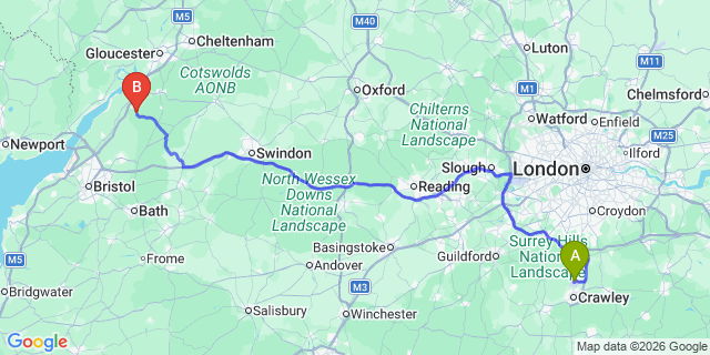 Map: London Gatwick Airport (LGW) to Dursley