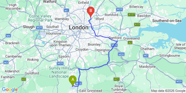 Map: London Gatwick Airport (LGW) to E10 Leyton
