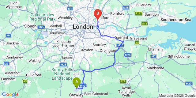 Map: London Gatwick Airport (LGW) to E15 Stratford
