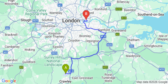 Map: London Gatwick Airport (LGW) to E16 Newham