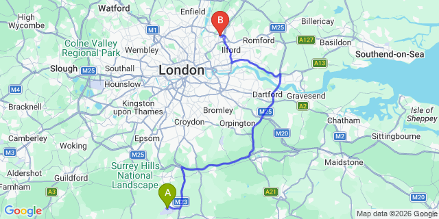 Map: London Gatwick Airport (LGW) to E18 Woodford