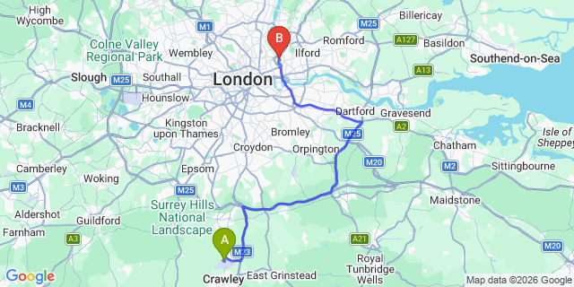 Map: London Gatwick Airport (LGW) to E20 Olympic Park