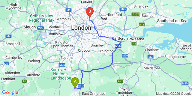Map: London Gatwick Airport (LGW) to E5 Clapton