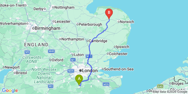 Map: London Gatwick Airport (LGW) to East Dereham