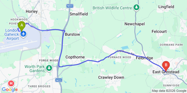 Map: London Gatwick Airport (LGW) to East Grinstead