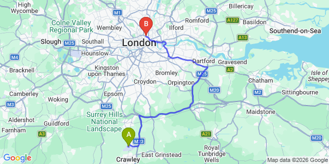 Map: London Gatwick Airport (LGW) to EC1,2.3,4 City of London