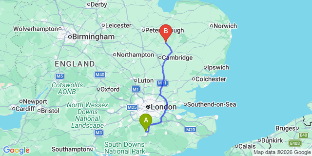 Map: London Gatwick Airport (LGW) to Ely