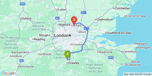 Map: London Gatwick Airport (LGW) to EN3 Enfield