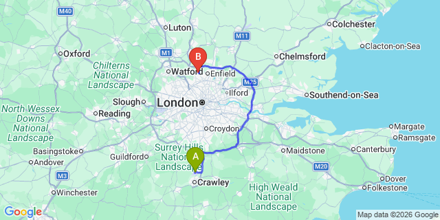 Map: London Gatwick Airport (LGW) to EN4 Barnet