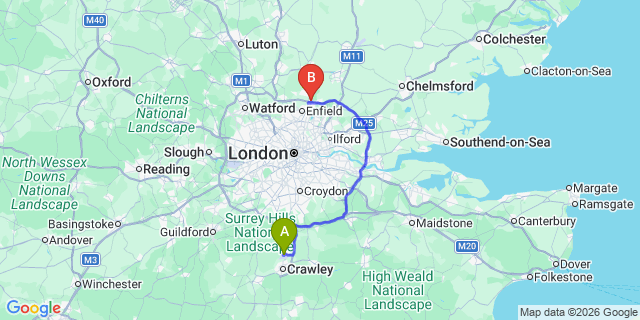 Map: London Gatwick Airport (LGW) to EN7 Waltham Cross