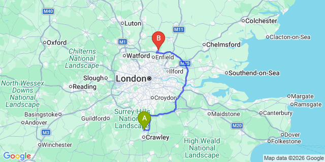 Map: London Gatwick Airport (LGW) to EN8 Waltham Cross