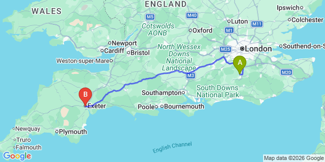 Map: London Gatwick Airport (LGW) to Exeter