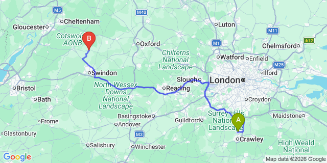 Map: London Gatwick Airport (LGW) to Fairford