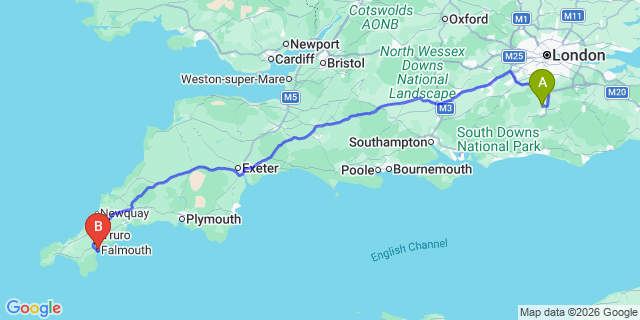 Map: London Gatwick Airport (LGW) to Falmouth