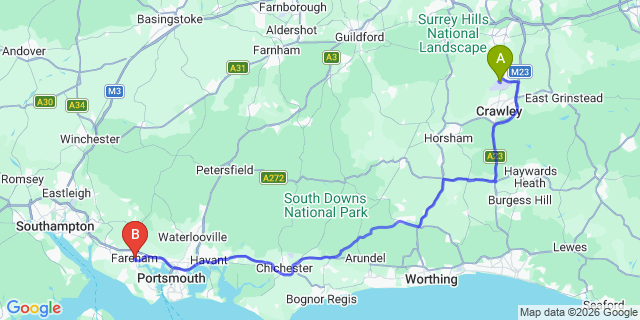 Map: London Gatwick Airport (LGW) to Fareham