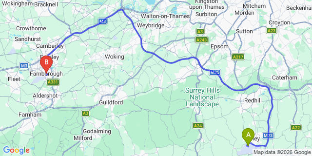 Map: London Gatwick Airport (LGW) to Farnborough