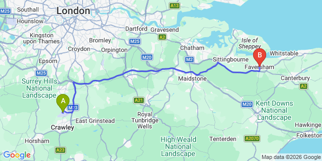 Map: London Gatwick Airport (LGW) to Faversham