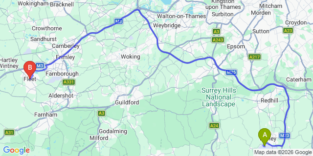 Map: London Gatwick Airport (LGW) to Fleet
