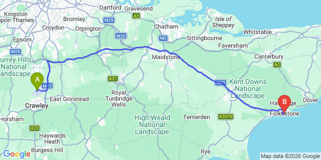 Map: London Gatwick Airport (LGW) to Folkestone