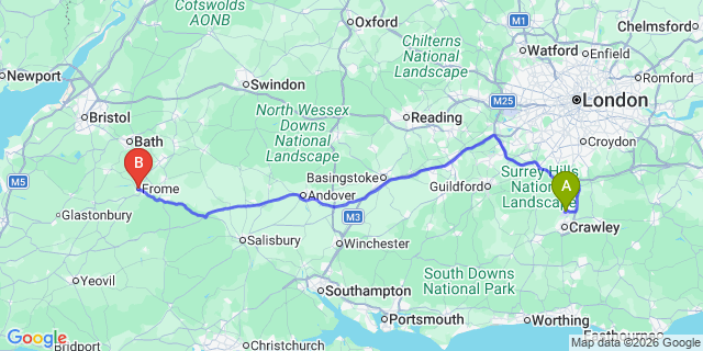 Map: London Gatwick Airport (LGW) to Frome