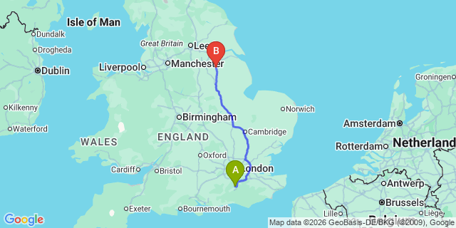 Map: London Gatwick Airport (LGW) to Gainsborough
