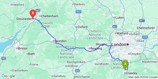 Map: London Gatwick Airport (LGW) to Gloucester