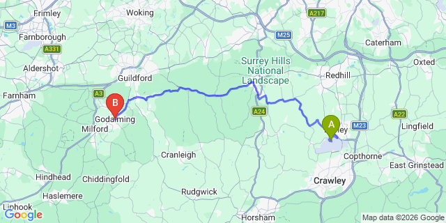 Map: London Gatwick Airport (LGW) to Godalming
