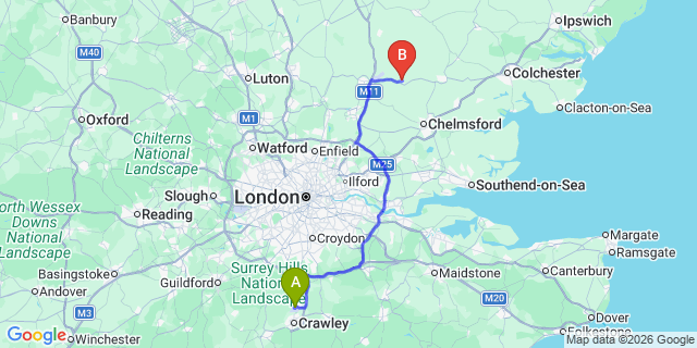 Map: London Gatwick Airport (LGW) to Great Dunmow