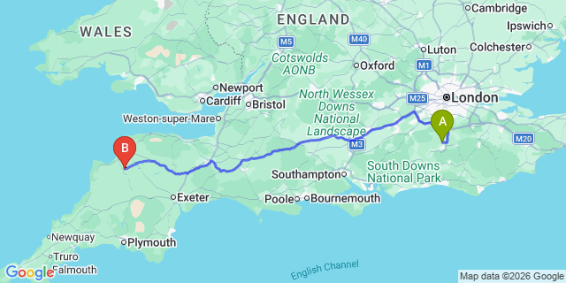 Map: London Gatwick Airport (LGW) to Great Torrington