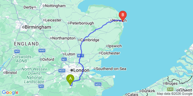 Map: London Gatwick Airport (LGW) to Great Yarmouth