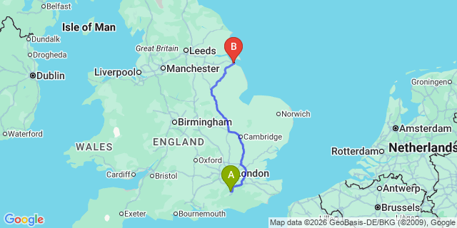 Map: London Gatwick Airport (LGW) to Grimsby