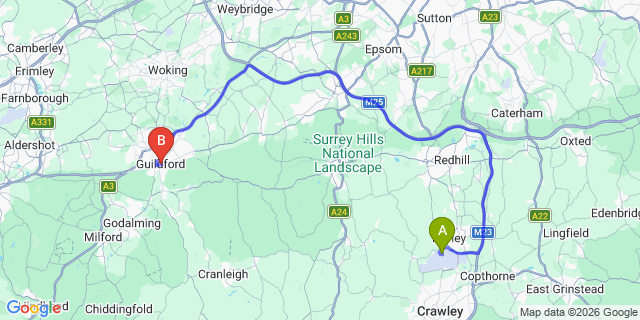 Map: London Gatwick Airport (LGW) to Guildford