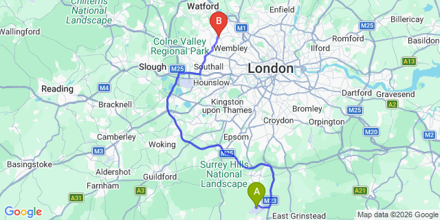 Map: London Gatwick Airport (LGW) to HA1 Harrow