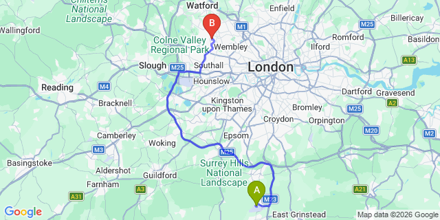 Map: London Gatwick Airport (LGW) to HA2 Harrow