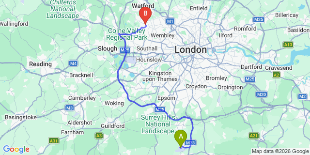 Map: London Gatwick Airport (LGW) to HA5 Pinner