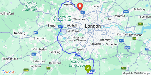 Map: London Gatwick Airport (LGW) to HA8 Edgware