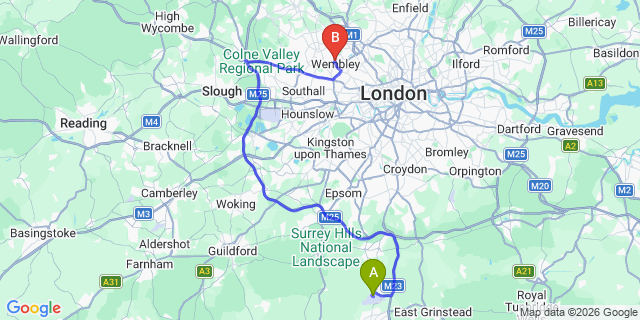 Map: London Gatwick Airport (LGW) to HA9 Wembley