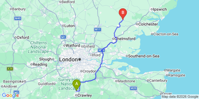Map: London Gatwick Airport (LGW) to Halstead