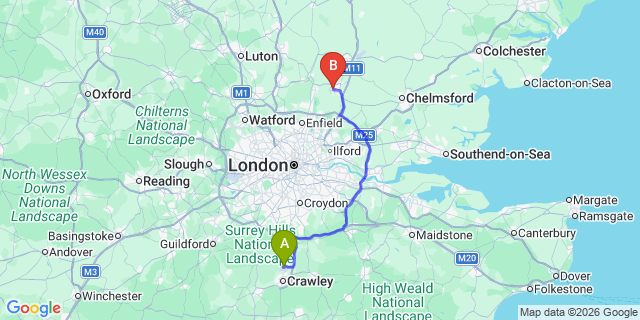 Map: London Gatwick Airport (LGW) to Harlow