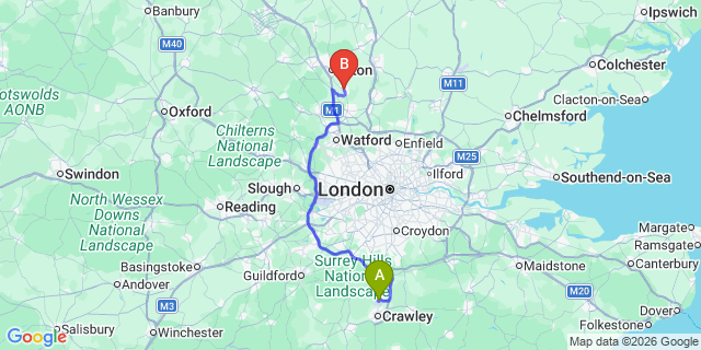 Map: London Gatwick Airport (LGW) to Harpenden