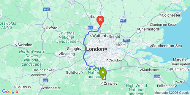 Map: London Gatwick Airport (LGW) to Hatfield