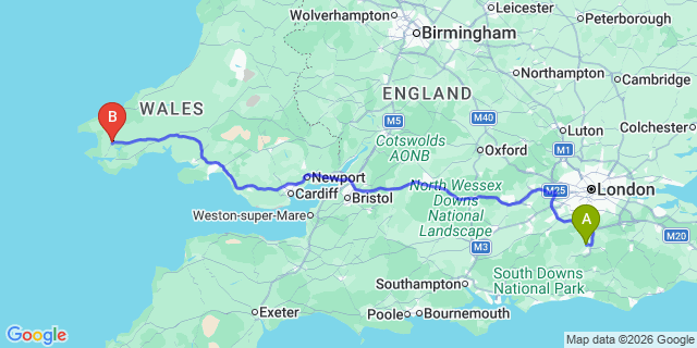 Map: London Gatwick Airport (LGW) to Haverfordwest