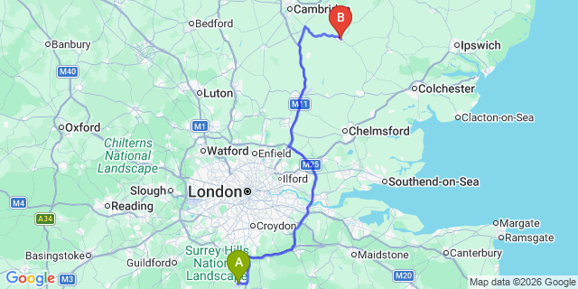 Map: London Gatwick Airport (LGW) to Haverhill