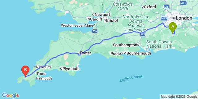 Map: London Gatwick Airport (LGW) to Hayle