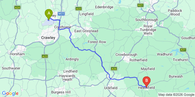 Map: London Gatwick Airport (LGW) to Heathfield