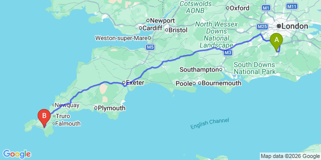 Map: London Gatwick Airport (LGW) to Helston