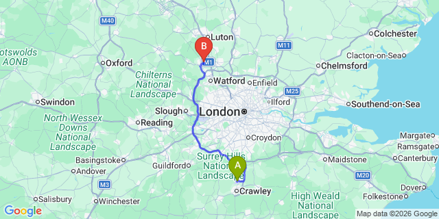 Map: London Gatwick Airport (LGW) to Hemel Hempstead